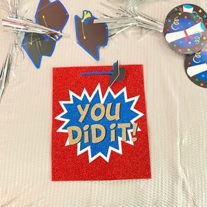 graduation streamers and gift bag NWOT red and blue glitter grad school